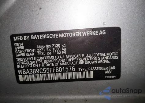 2015 BMW 335I xDrive z USA, uszkodzony, nr VIN WBA3B9C55FF801576